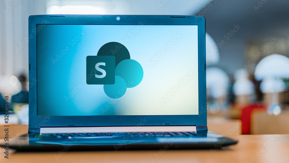 Sharepoint Stock Image Computer Laptop computer displaying logo of SharePoint Stock Photo | Adobe Stock