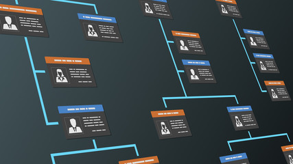 company organization chart with employee badges (3d render)