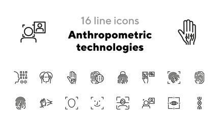Poster - Anthropometric technologies line icon set. Scanning, identification, genes. Authentication concept. Can be used for topics like comparative analysis, criminology, forensics