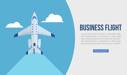 Wall Mural - Business flight vector web template illustration. Airplane in the sky, runway and take-off plane. Webpage or banner for travel and business flight trip design. Booking airflight online website.