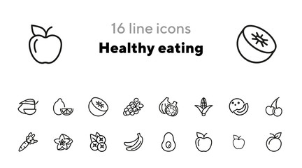 Healthy eating line icon set. Set of line icon on white background. Grocery concept. Apple, avocado, banana. Vector illustration can be used for topics like diet, fitness, grocery store