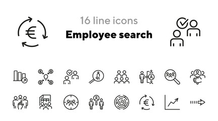 Employee search icons. Set of line icons. HR, idea funding, increasing graph. Headhunting concept. Vector illustration can be used for topics like business, recruitment, employment