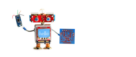 Smiling robot handyman with electronic circuit boards for repairs. Concept service maintenance replacement of electronic components using automated robotic technology. White background, copy space