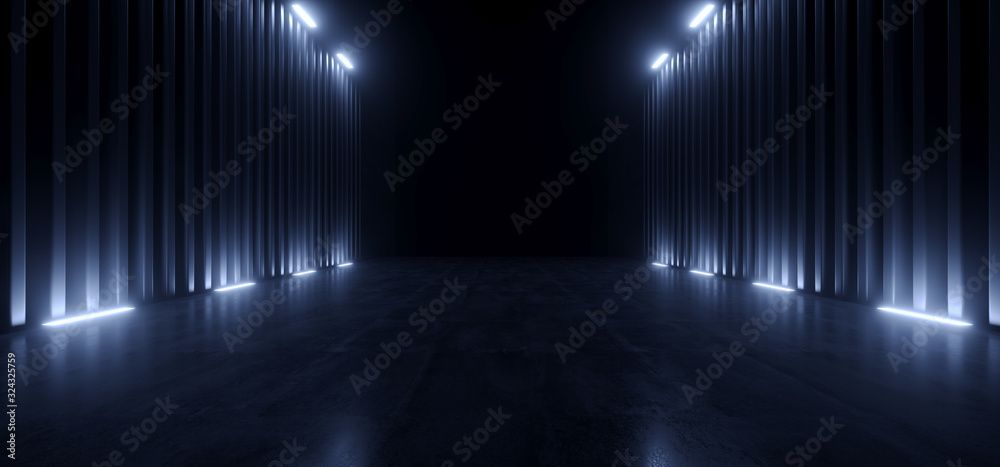 Dark Studio Warehouse Laser Led Glowing Studio Lights Stage Concert Showroom Podium Virtual Night Blue Cyber Alien Spaceship 3D Rendering - obrazy, fototapety, plakaty 