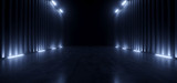 Fototapeta Perspektywa 3d - Dark Studio Warehouse Laser Led Glowing Studio Lights Stage Concert Showroom Podium Virtual Night Blue Cyber Alien Spaceship 3D Rendering