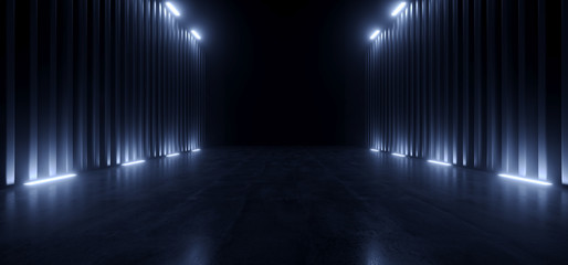 Dark Studio Warehouse Laser Led Glowing Studio Lights Stage Concert Showroom Podium Virtual Night Blue Cyber Alien Spaceship 3D Rendering