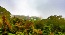 Landscape Two Pagoda At Kew Mae Pan Nature Trail, Doi Inthanon National Park , Chiang Mai , Thailand. Rainy Weather, Fog And Mist