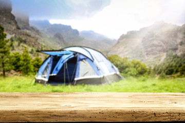 desk of free space and landscape of camping.