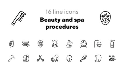 Canvas Print - Beauty and spa procedures icons. Set of line icons on white background. Towel, face, syringe. Beauty salon concept. Vector illustration can be used for topics like spa, service, salon