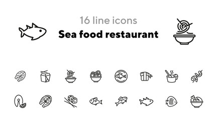 Sea food restaurant line icon set. Fish, rice, shrimp. Food concept. Vector illustration can be used for topics like food product, supermarket, restaurant
