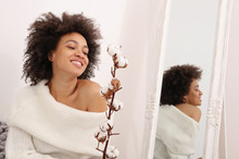 Happy Woman With Afro Hairstyle Portrait. Mirror Reflection, Beauty