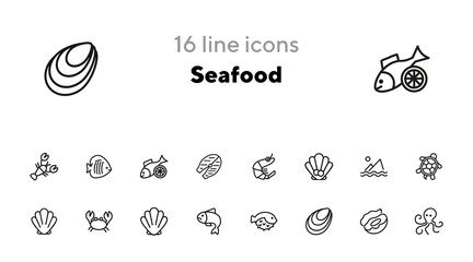 Poster - Seafood line icon set. Shrimp, seashell, turtle. Food concept. Can be used for topics like restaurant menu, sea life, fish market