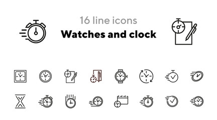 Poster - Watches and clock line icon set. Set of line icons on white background. Time concept. Vector illustration can be used for topics like sport, management