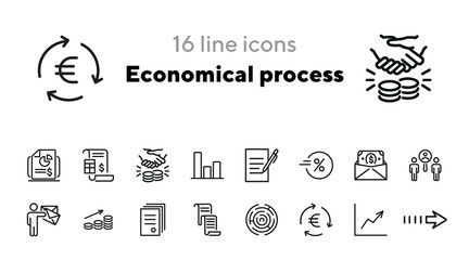 Poster - Economical process icons. Set of line icons. Document with seal, earnings growth, financial chart. Economics concept. Vector illustration can be used for topics like finance, business, banking