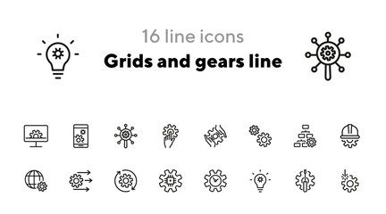 Poster - Grids and gears line icons. Set of line icons on white background. Technology concept. Control, internet, machinery. Vector illustration can be used for topics like machinery, progress, industry
