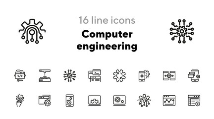 Computer engineering line icon set. Set of line icons on white background. Technology concept. Computer, machine, progress. Vector illustration for topics like technics, programming, computer