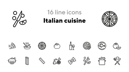 Poster - Italian cuisine line icon set. Wine, pizza, salmon. Food concept. Can be used for topics like healthy diet, restaurant menu, dinner, cooking