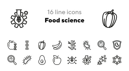 Poster - Food science line icon set. DNA molecule, bacteria, fruit, test tube. Food industry concept. Can be used for topics like genetics, lab research, biotechnology