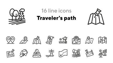 Traveler's path icons. Set of line icons. Forest, itinerary line, relocation. Travelling concept. Vector illustration can be used for topics like travelling, journey