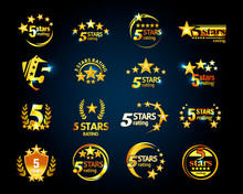 Luxury Golden Five Stars Logo Template Set. 5 Star Rating Emblems Set. Isolated Vector Illustration.