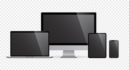 Poster - Realistic set of computer monitors desktop laptop tablet and phone with black screen and checkerboard background V4. Isolated illustration vector illustrator Ai EPS