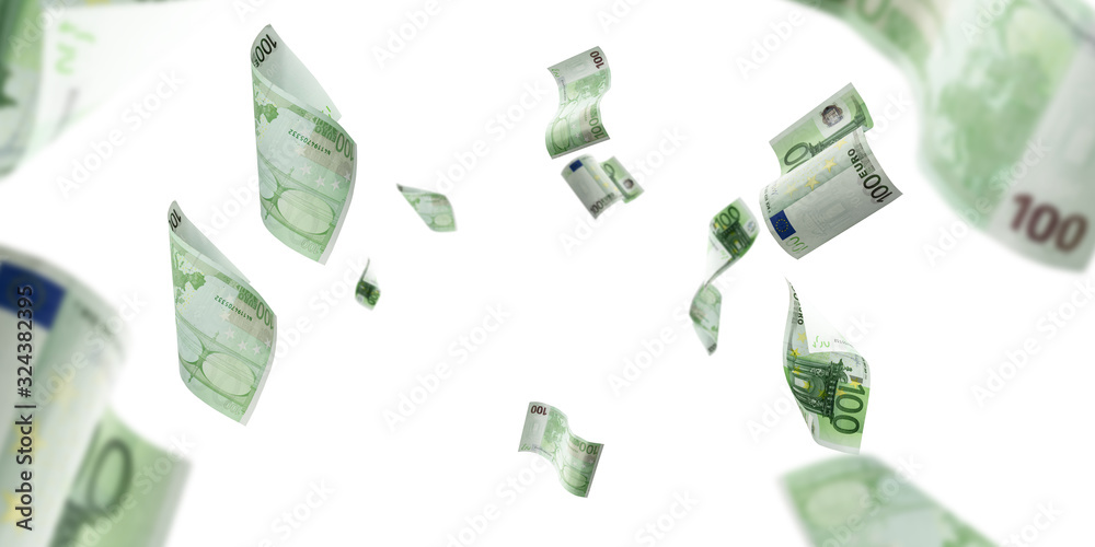 Euro money background. Banknote falling isolated textures on white background. - obrazy, fototapety, plakaty 