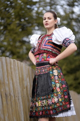 Beautiful slovak woman in traditional costume. Slovak folklore.