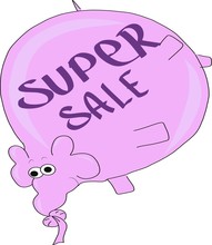 Hand Drawing, Pink Elephant With The Inscription Super Sale, Bloated Like A Ball. Suitable For Emblem, Symbol, Logo, Advertisement, Label