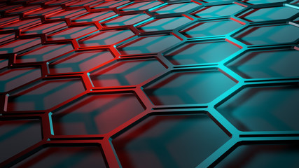 Poster - Abstract red green light metallic hexagon mesh pattern design modern futuristic technology background illustration.