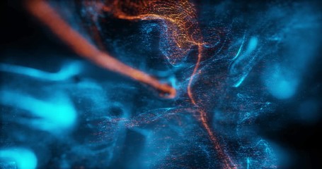 Poster - abstract macro slow motion shot of blue and orange particle fluid isolated on black. paint drops mix