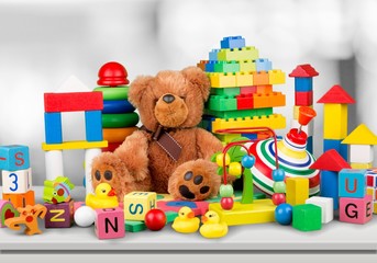 many colorful toys collection on desk