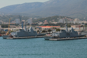 Anti-submarine frigates in port parking. Toulon, France