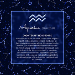 Wall Mural - Aquarius astrology horoscope prediction for 2020 year. Luminous zodiac signs on blue background. Aquarius star sign, dates of birth and personality traits. Mystical vector design of yearly horoscope.