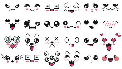 Wall Mural - Kawaii cute faces. Manga style eyes and mouths. Funny cartoon japanese emoticon in in different expressions. For social networks. Expression anime character and emoticon face illustration. Background.