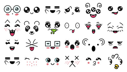 Wall Mural - Kawaii cute faces. Manga style eyes and mouths. Funny cartoon japanese emoticon in in different expressions. For social networks. Expression anime character and emoticon face illustration. Background.