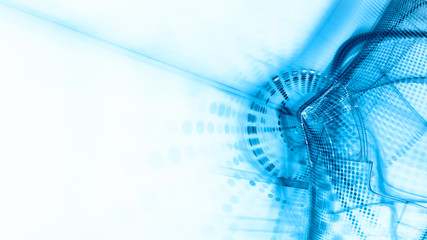 Poster - Abstract blue and white background element. Fractal graphics 3d illustration. Wide format composition of grid cells and circles. Information technology concept.
