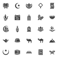 Ramadan Kareem vector icons set, modern solid symbol collection, filled style pictogram pack. Signs logo illustration. Set includes icons as Mosque building, iftar food, Holy Quran book, lantern, moon