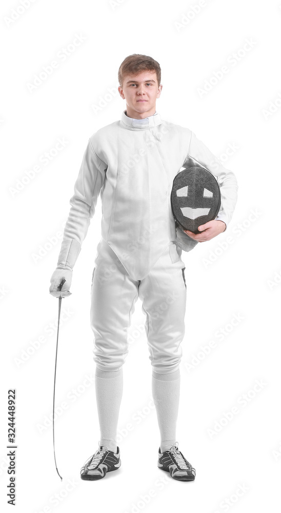 Young male fencer on white background