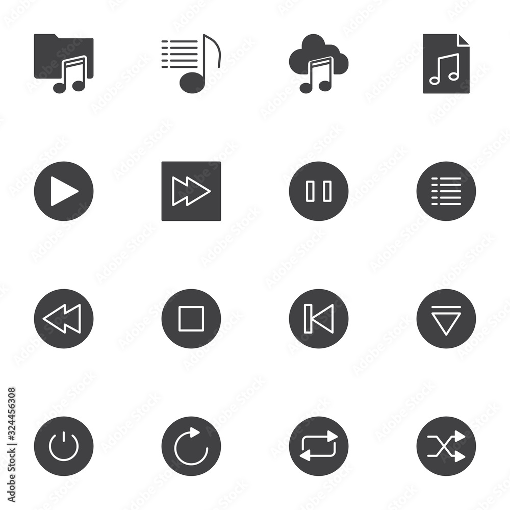 Music player buttons vector icons set, modern solid symbol collection ...