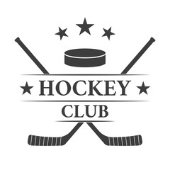 Wall Mural - Ice hockey club logo or badge with crossed hockey sticks and a puck. Vector illustration.