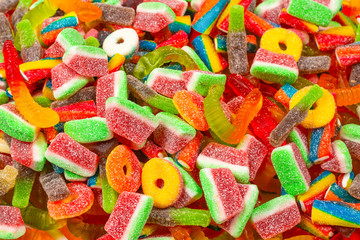 Assorted gummy candies. Top view. Jelly  sweets background.