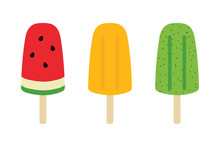 Set, Collection Of Cute And Colorful Vector Popsicles, Ice Cream On Stick.