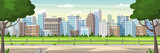 Fototapeta Las - Panorama cityscape with park and trees. Cartoon Vector Illustrations with separate layers.