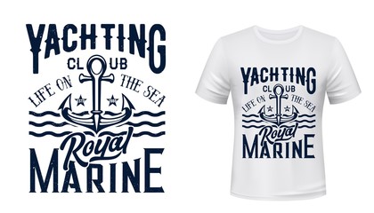 Anchor t-shirt print of nautical yacht club, sailing and yachting sport vector design. Sea ship or boat anchor with waves, stars and hand lettering, sailboat regatta team apparel fashion