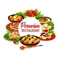 Wall Mural - Peruvian restaurant dishes of fish ceviche, vegetable, meat and milk cookies. Vector beef and corn stews, grilled chicken salad and seafood croquettes, baked potato with olives, alfajores, oxtail soup