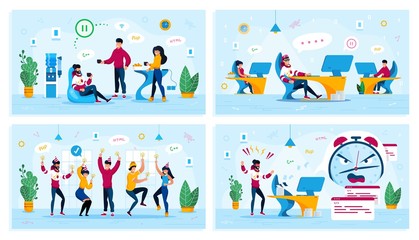 Break in Office, Employees Motivation, Corporate Party, Stress on Work Trendy Flat Vector Concepts Set.Coworkers on Lunch, Procrastinating, Failing Deadline Programmer, Dancing Coworkers Illustration