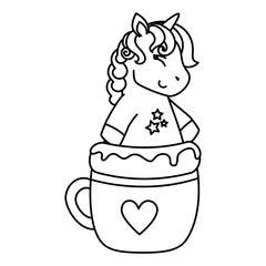 Poster - head of cute unicorn fantasy in cup ceramic vector illustration design