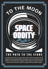 Poster - Space reflection in astronaut suit helmet vector design of space exploration, astronomy science and cosmos technology. Spaceman, Earth planet, galaxy with stars and asteroids retro poster