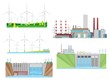 Power plants of wind, water and thermal energy generation vector icons of electricity industry design. Turbines, hydroelectric eco power plant and coal fired station with pipes and transmission towers