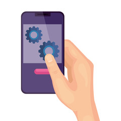 Wall Mural - hand using smartphone and gears isolated icon vector illustration design